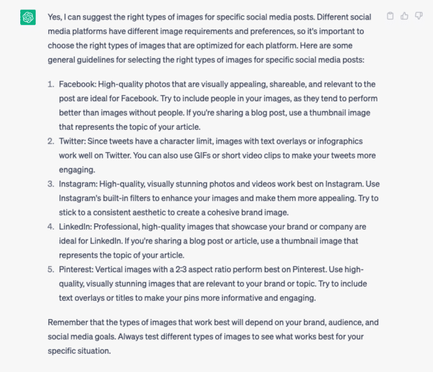 chatgpt response outlining the best types of images to post on different social media platforms