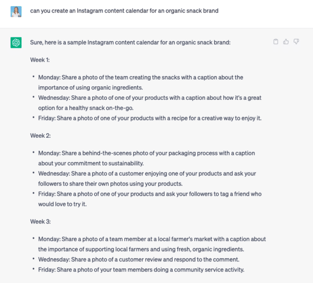 three week content calendar for a organic snack brand, generated by chatgpt