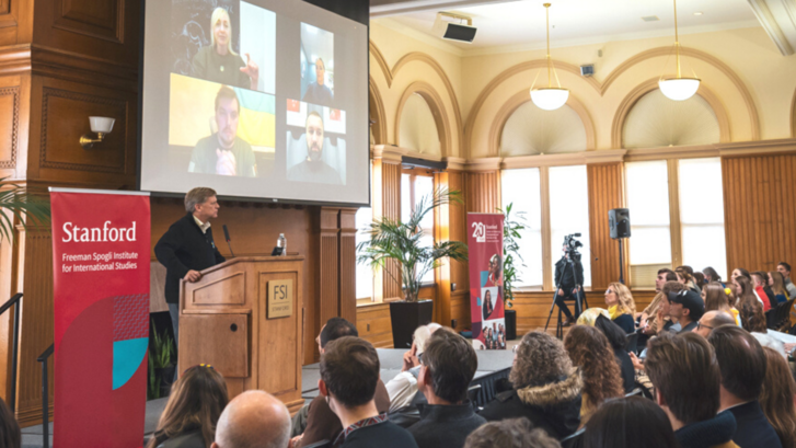 Michael McFaul moderates a panel with Oleksiy Honcharuk, Serhiy Leshchenko, Oleksandra Matviichuk, Oleksandra Ustinova on the one-year anniversary of the full-scale invasion of Ukraine.