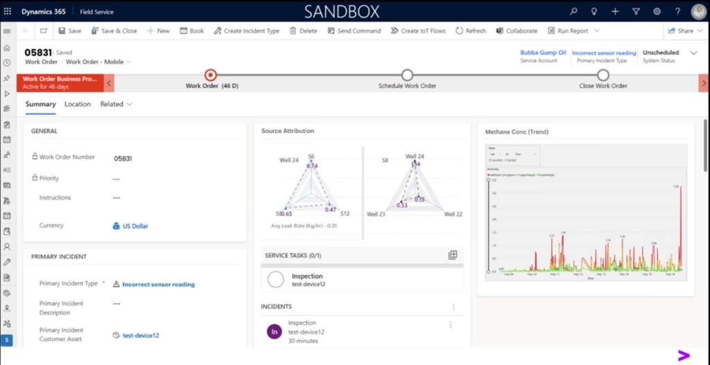 Figure 8: Dynamics D365 Work Order with emission source attribution and CH4 concentration trend data embedded.