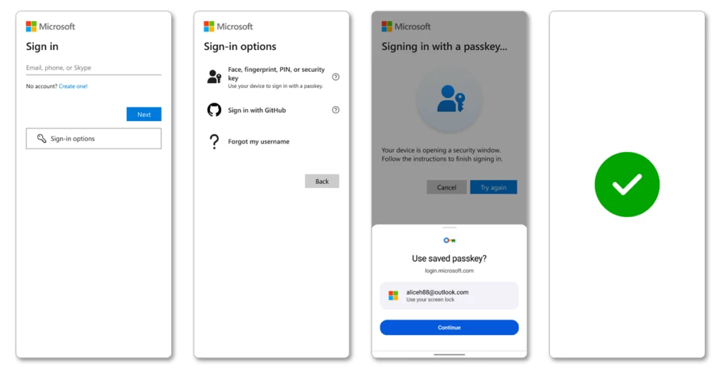 Screenshots showing the process of using a passkey for your Microsoft account on mobile devices.