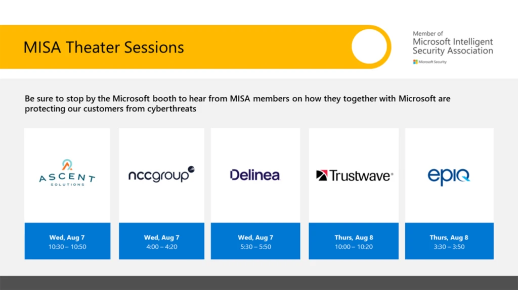Decorative graphic listing the partners that will be featured at the MISA theater sessions at Black Hat USA 2024.