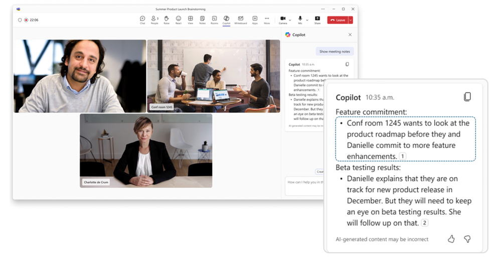 Results without speaker recognition: audio will be attributed to the room unless individuals have enrolled their voices. In this case, you can see that all speakers in the room are grouped under “Conf room 1245”.