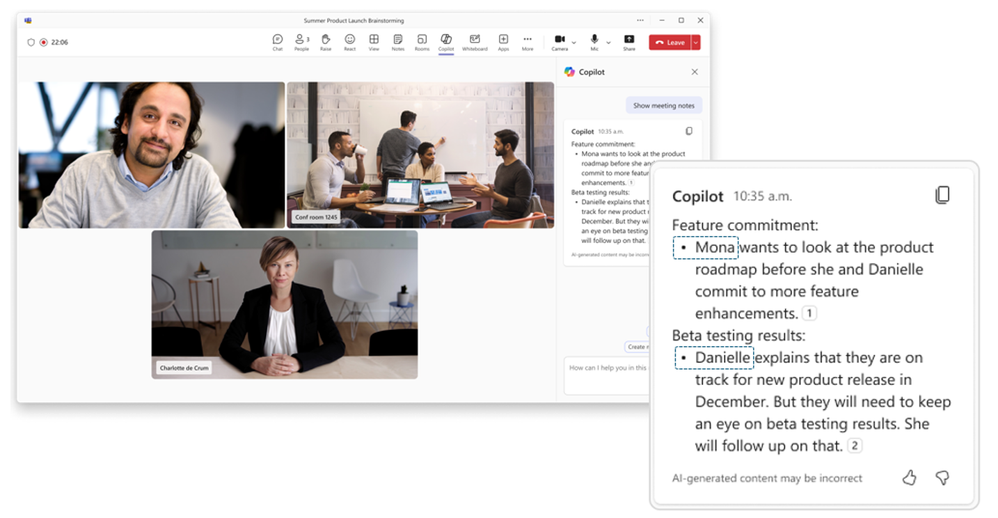 Results with speaker recognition: Mona and Danielle, individuals in the conference room, are each attributed in AI notes