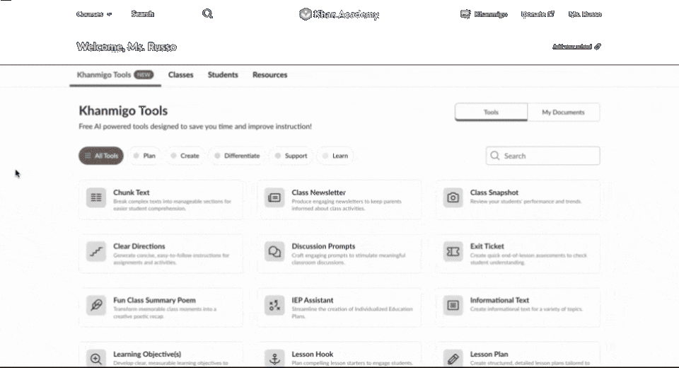 Decorative. The Khanmigo Tools tab in the Khanmigo dashboard with tool cards organized by Plan, Create, Differentiate, Support, and Learn.