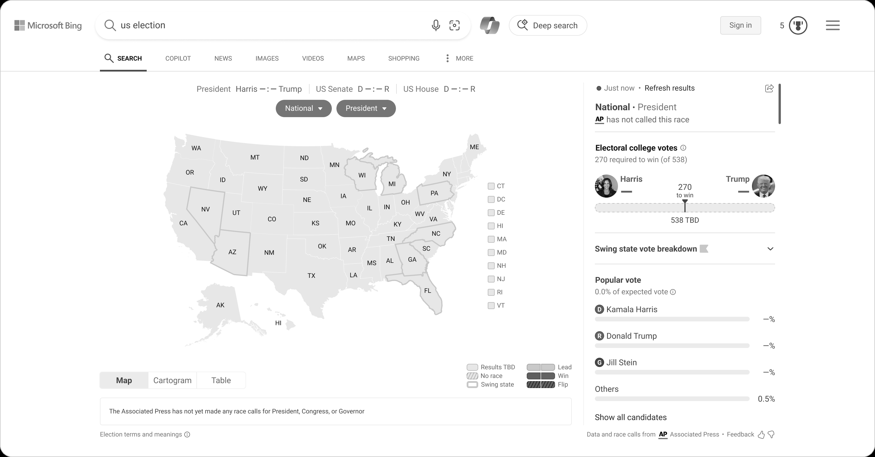 blank electoral college map showing how Bing will illustrate the electoral college votes for the us presidential election