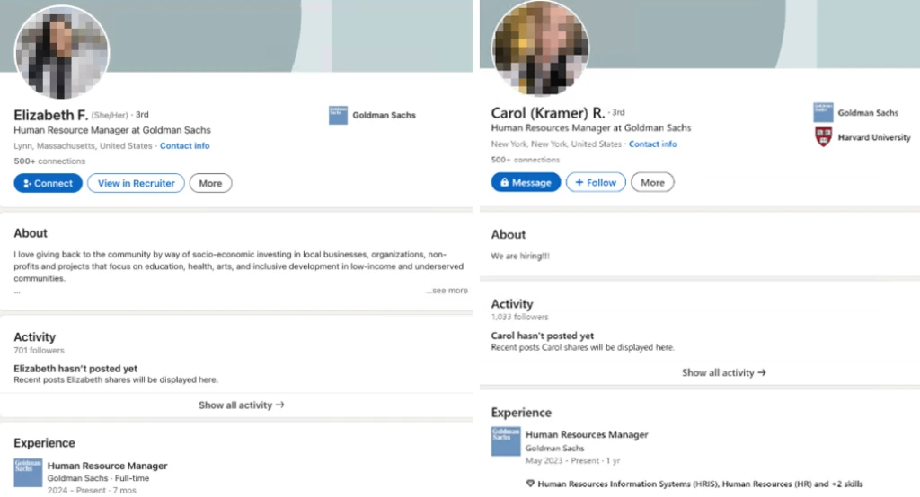 Screenshot of two LinkedIn profiles of fake recruiters