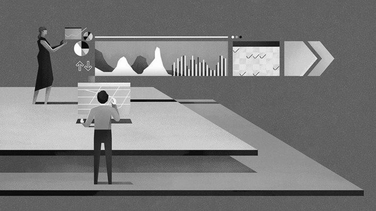 Isometric illustration of two people analyzing various charts and graphs, symbolizing data analysis and strategic demand planning.