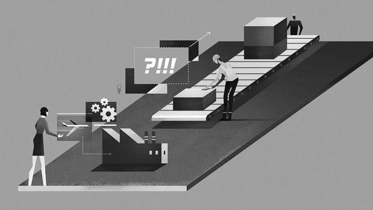 Isometric illustration showcasing a streamlined sourcing, manufacturing, and logistics process involving the use of digital twins.