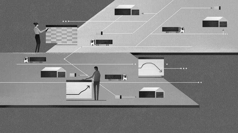 Isometric illustration of a network of distribution centers connected by lines. Data streams between the centers represent the flow of goods, inventory levels, and efficiency.