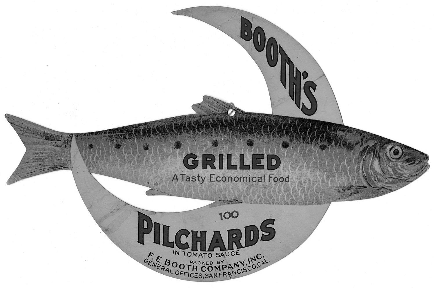 Lithograph, circa 1930s, from the San Francisco, Crate, Can, and Bottle Label Collection, titled “Kemble-Booth's grilled pilchards in tomato sauce, F. E. Booth Company, Inc.”