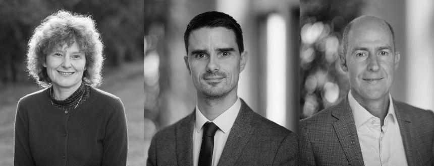 A composite image of three professionally dressed individuals, each posing for a headshot with natural or softly blurred backgrounds. They are Professor E.J. Milner-Gulland; Dr Dan Challender; Dr Michael ’t Sas-Rolfes.