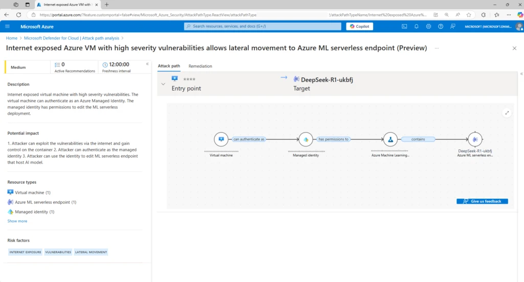 AI security posture management in Defender for Cloud identifies an attack path to a DeepSeek R1 workload, where an Azure virtual machine is exposed to the Internet.