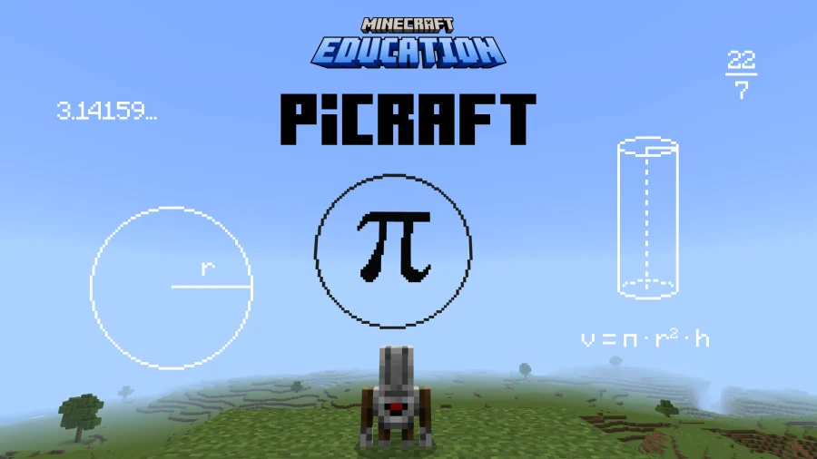 Minecraft PiCraft world showing the pi symbol, geometric shapes, numbers, and an equation.