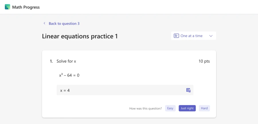 A linear equation assignment question in Math Progress.